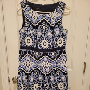 Talbots Blue and White Sleeveless Fit and Flare Dress, Size 10P